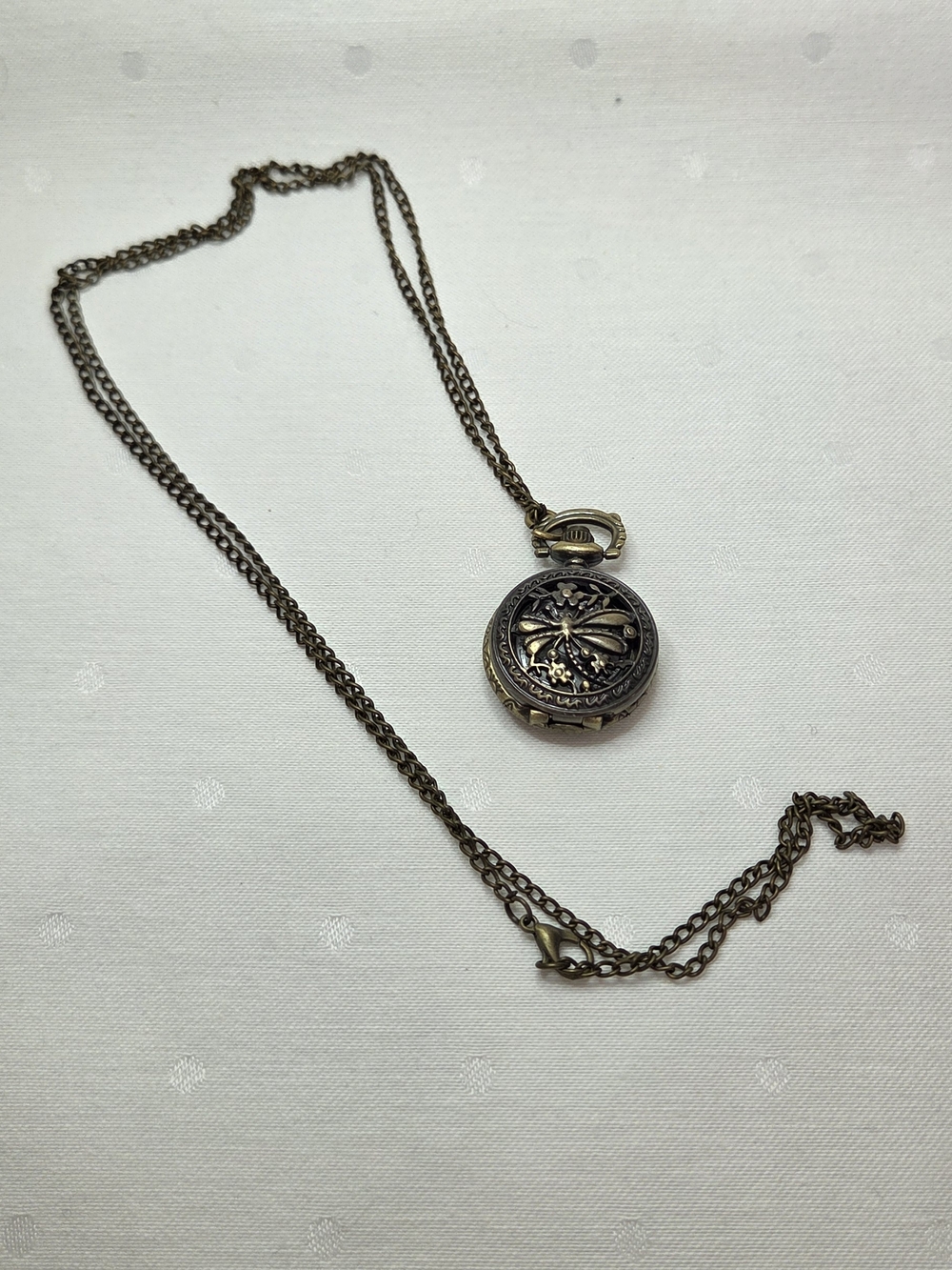Antique-Style Bronze Pocket Watch Necklace with Dragonfly Cover